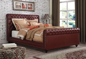 Norris Upholstered Bed by Acme in Burgundy Leatherette [AMB-24350 Norris]