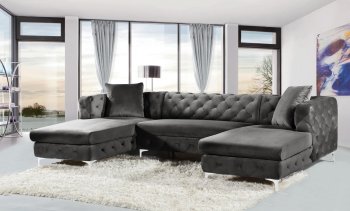 Gail Sectional Sofa 664 in Grey Velvet Fabric by Meridian [MRSS-664 Gail Grey]