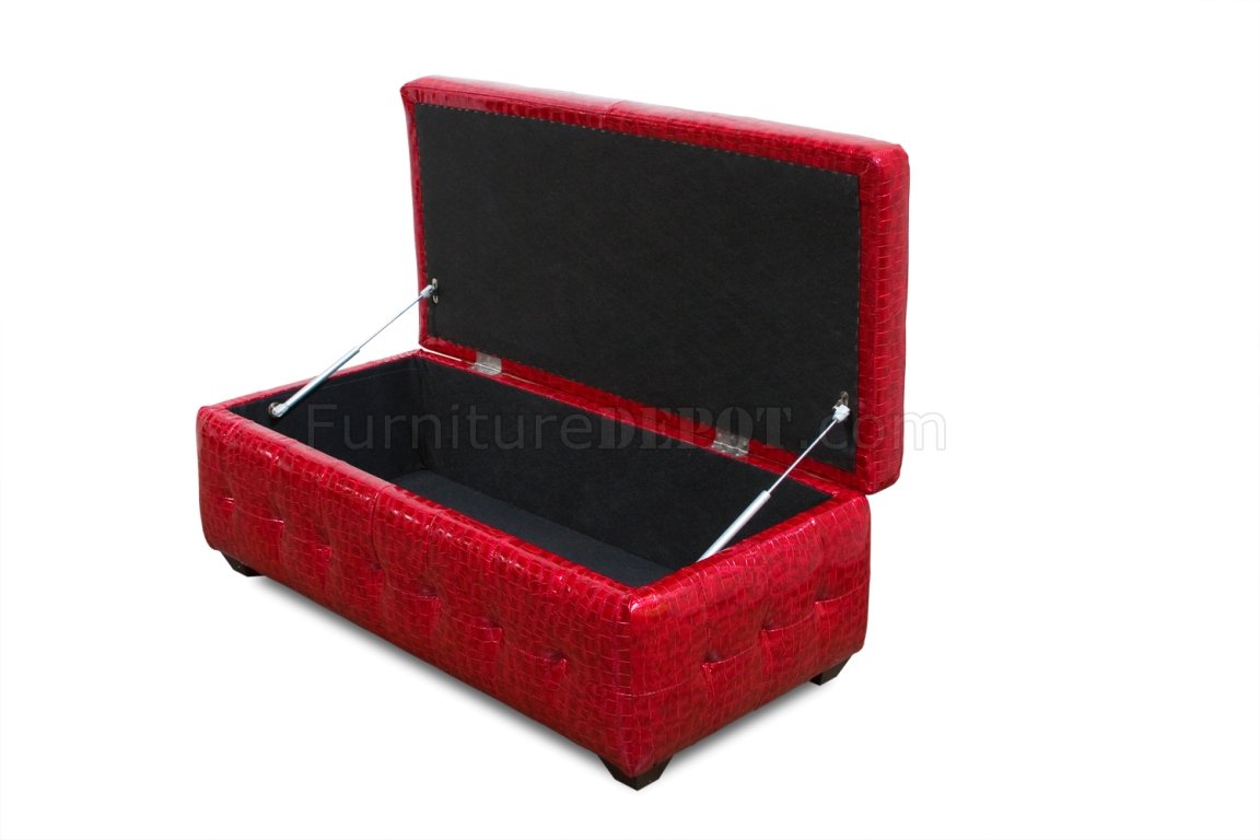 Red Crocodile Pattern Vinyl Lift Top Tufted Storage Trunk - Click Image to Close