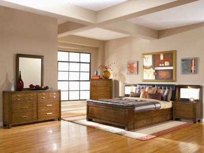 Medium Brown Oak Finish Contemporary Bed w/Optional Casegoods