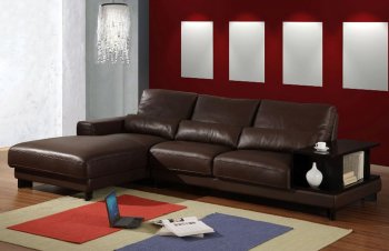 Brown Full Leather Modern Sectional Sofa w/Side Wooden Shelves [CVSS-Bonn]