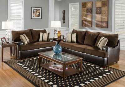 Brown Fabric Sofa & Loveseat Set w/Dark Bonded Leather Base