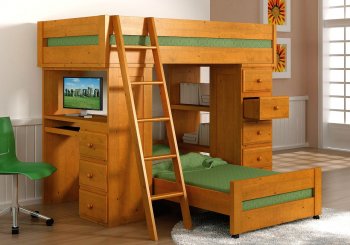 Natural Honey Finish Solid Pine Contemporary Loft Bed with Desk [HLBS-B879LB]