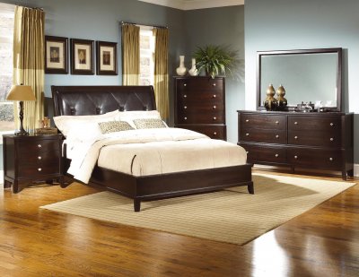 Espresso Finish Contemporary Bedroom w/Leatherette Headboard