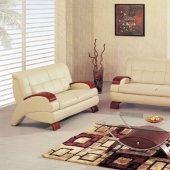 Beige Leather Modern Living Room W/Cherry Wooden Arms