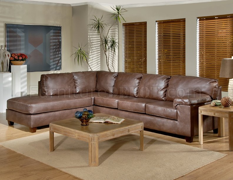 Brown Full Leather Modern Sectional Sofa w/Wooden Legs