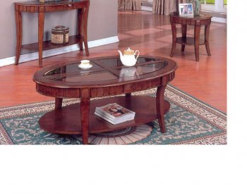 Cherry Finish Modern 3Pc Coffee Table Set w/Glass Inserts [ABCCT-4327]