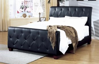 Black or Taupe Tufted Leather Modern Bed w/Block Wooden Legs [HEBS-835BK]