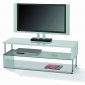 Chrome & Polished Glass Modern TV Stand w/Wood Top & Shelf
