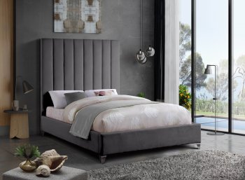 Via Upholstered Bed in Grey Velvet Fabric by Meridian [MRB-Via Grey]