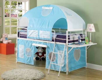 White Metal & Blue Tent Modern Bunk Bed w/Shelf & Ladder [CRKB-460201]