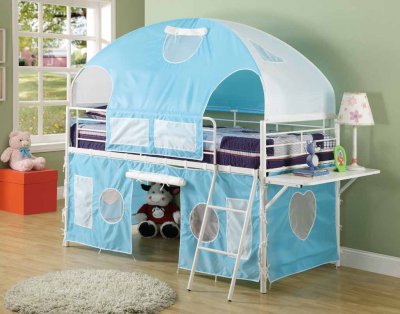 White Metal & Blue Tent Modern Bunk Bed w/Shelf & Ladder