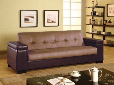 Two-Tone Brown and Tan Convertible Sofa Bed W/Storage Arms