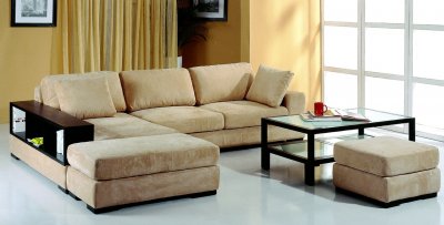 Beige Microfiber Sectional Sofa w/2 Ottomans & Bookcase