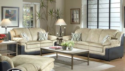 Two-Tone Microfiber and Vinyl Modern Sofa & Loveseat Set