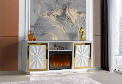 Shoshanna Electric Fireplace Media Console in White & Gold