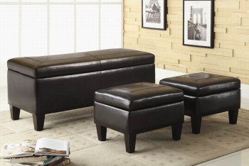 Dark Brown Vinyl Modern Storage Bench & Two Ottomans 3Pc Set [CRO-501085]