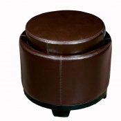 Light Brown Round Shape Tray-Top Leather Ottoman With Storage