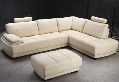 Beige Leather Modern Elegant Sectional Sofa w/Ottoman