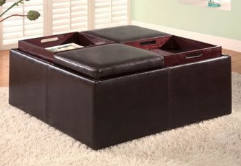 Dark Brown Leather Like Vinyl Storage Ottoman w/Four Wood Trays [CRO-379-501043]