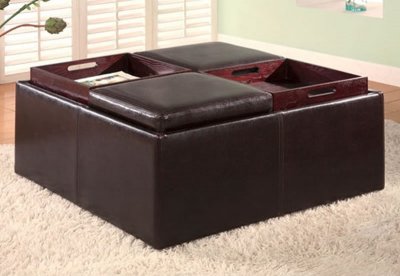 Dark Brown Leather Like Vinyl Storage Ottoman w/Four Wood Trays