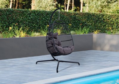 Folding Wicker Egg Swing Chair ESCF43CH in Grey by LeisureMod