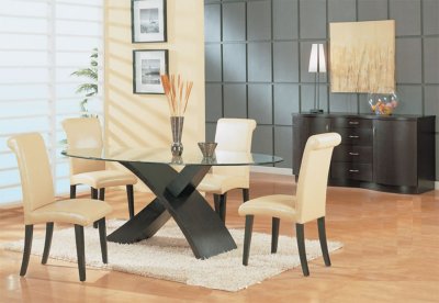 Dark Chocolate 5Pc Dining Set W/"X" Shape Base & Glass Top Table