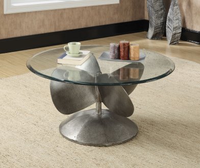 704558 Coffee Table in Aged Metal by Coaster w/Glass Top