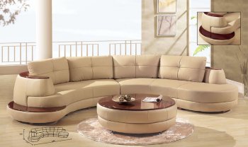 Beige Leather Modern Sectional Sofa W/Cherry Wooden Shelf [GFSS-918 Beige]