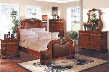 Cherry Finish Leather Upholstery Traditional Bedroom Set [AMBS-39-1950]