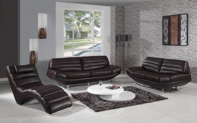 Espresso Leather Modern 3Pc Sofa Loveseat & Chaise Set