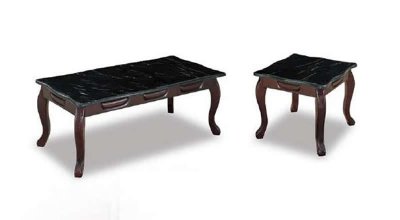 Dark Cherry Finish Coffee Table w/Black Faux Marble Top