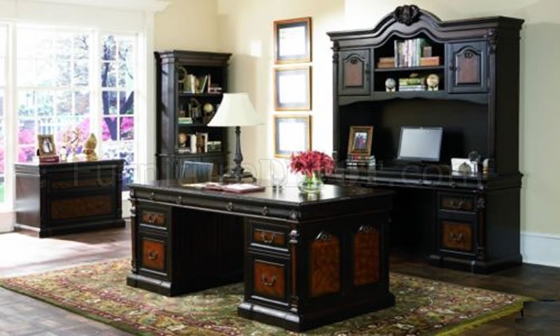 Two Tone Brown Massive Classic Office Desk W Carving Details
