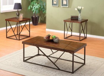 Brown Cherry Finish Modern 3Pc Coffee Table Set w/Metal Base [HECT-3300]