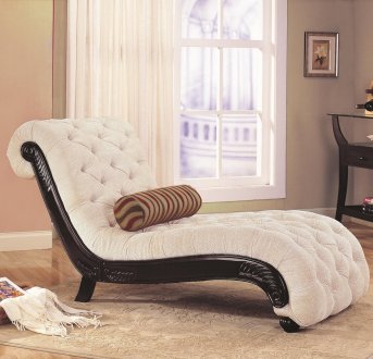 Beige Fabric Traditional Chaise Lounge w/Carved Wood Trim