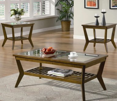 Oak Finish Modern 3Pc Coffee Table Set w/Glass Tops
