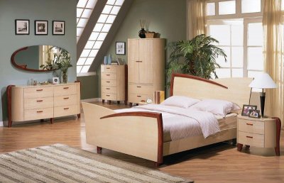 Maple Color High Gloss Finish Bedroom Set With Cherry Accents