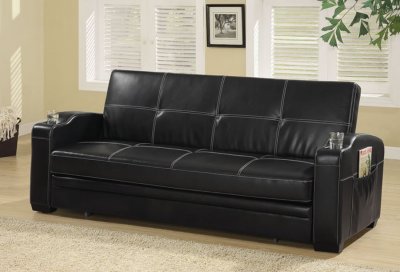 Black Vinyl Modern Sofa Bed Convertible w/White Stitching