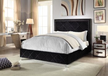 Hampton Upholstered Bed in Black Velvet Fabric w/Options [MRB-Hampton Black]