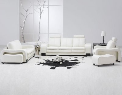 White Leather 4Pc Modern Sofa, Loveseat, Chair & Couch Stool Set