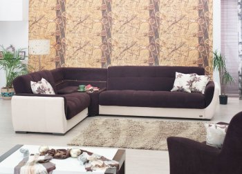 Cream Vinyl & Dark Brown Fabric Modern Sectional Sofa w/Options [MYSS-Dakota Brown]