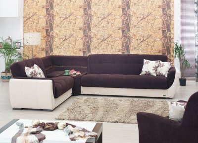 Cream Vinyl & Dark Brown Fabric Modern Sectional Sofa w/Options