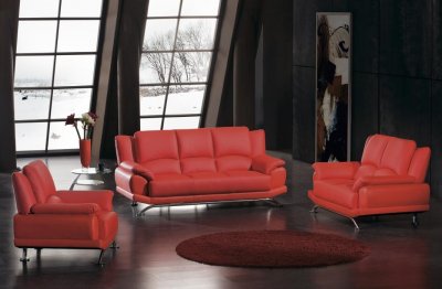 Red Bonded Leather Modern 3Pc Sofa, Loveseat & Chair Set