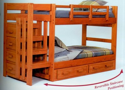 Natural Finish Modern Twin Over Twin Bunk Bed w/Staircase