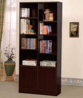 Espresso Finish Modern Bookcase w/Two Doors & Shelves