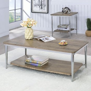 Cathleen Coffee & 2 End Table Set CM4150 in Chrome & Antique Oak [FACT-CM4150-Cathleen]