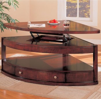 Brown Finish Modern Pie Shape Coffee Table w/Shelf & Drawer [CRCT-700246]