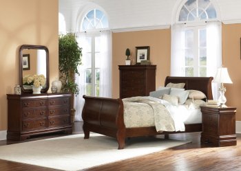 Brown Cherry Finish Traditional Sleigh Bed w/Optional Case Goods [LFBS-909-BR Louis Philippe]