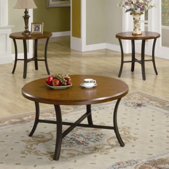 Brown Cherry Finish Modern 3Pc Coffee Table w/Black Metal Base [CRCT-701520]