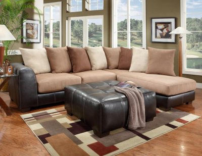 Saddle Fabric & Dark Brown Vinyl Modern Sectional Sofa